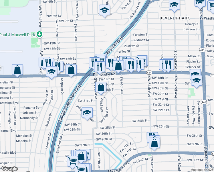 map of restaurants, bars, coffee shops, grocery stores, and more near 6700 Southwest 19th Street in Miramar