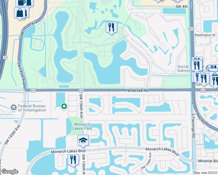 map of restaurants, bars, coffee shops, grocery stores, and more near 13255 Southwest 16th Court in Pembroke Pines