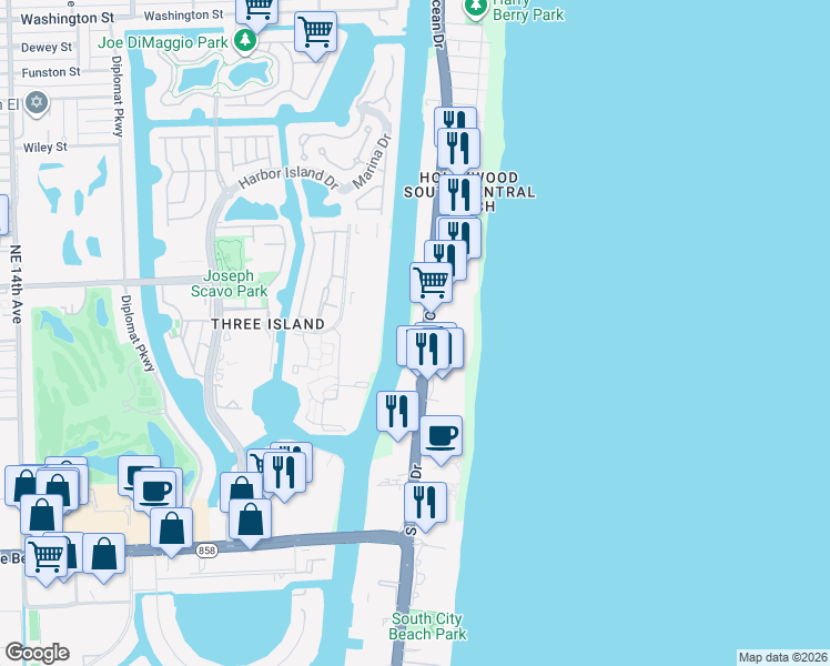 map of restaurants, bars, coffee shops, grocery stores, and more near 3500 South Ocean Drive in Hollywood