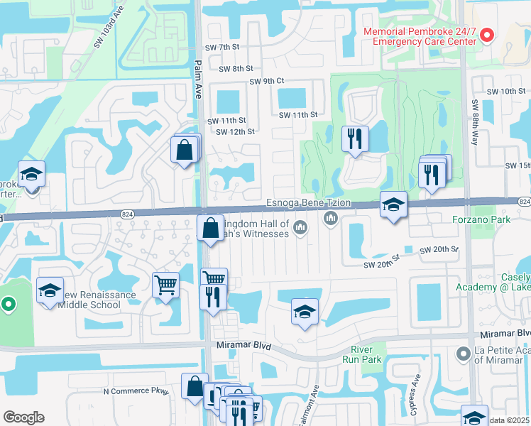 map of restaurants, bars, coffee shops, grocery stores, and more near 1701 Southwest 98th Terrace in Pembroke Pines