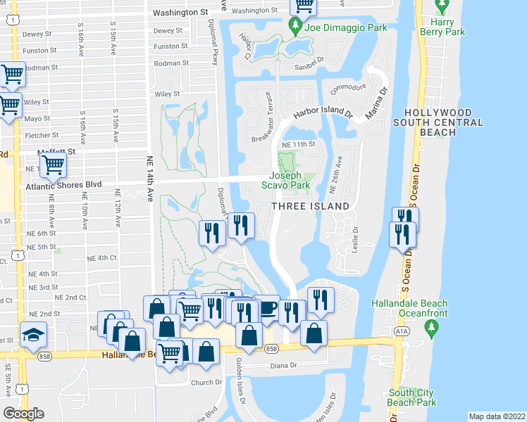 map of restaurants, bars, coffee shops, grocery stores, and more near 851 Three Islands Boulevard in Hallandale Beach
