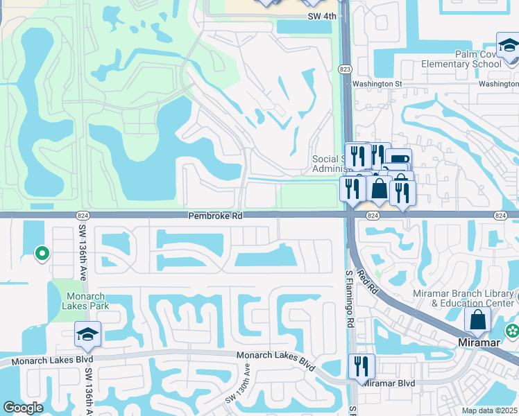 map of restaurants, bars, coffee shops, grocery stores, and more near 12817 Southwest 17th Court in Miramar
