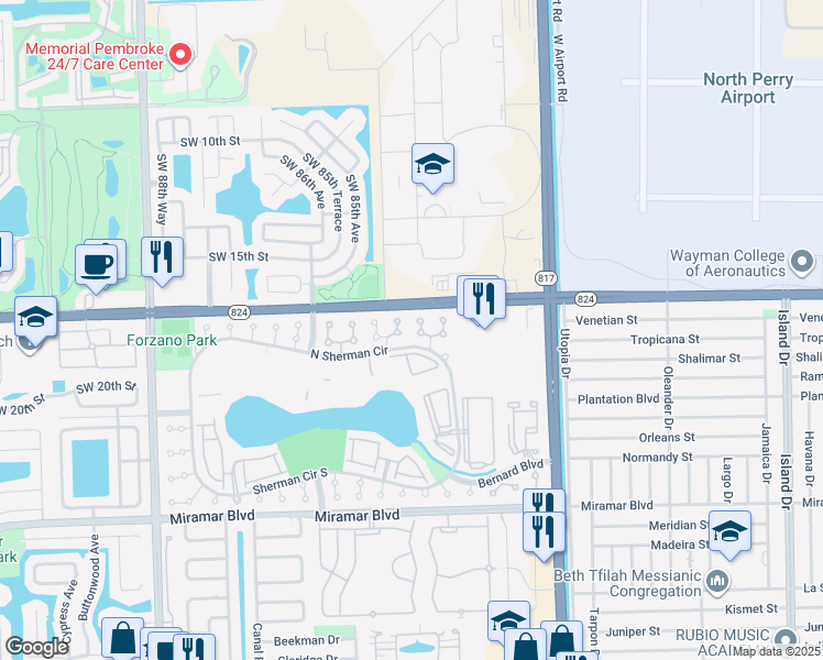 map of restaurants, bars, coffee shops, grocery stores, and more near 1750 Southwest 83rd Avenue in Miramar