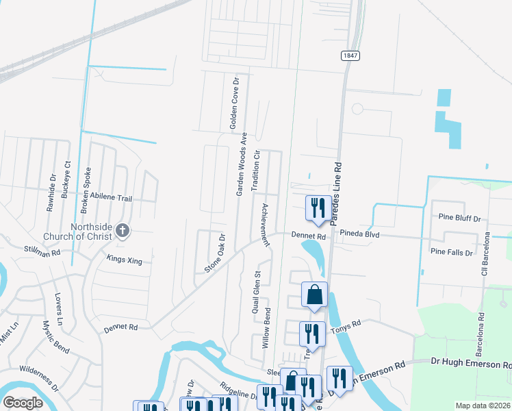 map of restaurants, bars, coffee shops, grocery stores, and more near 6539 Tradition Cir in Brownsville