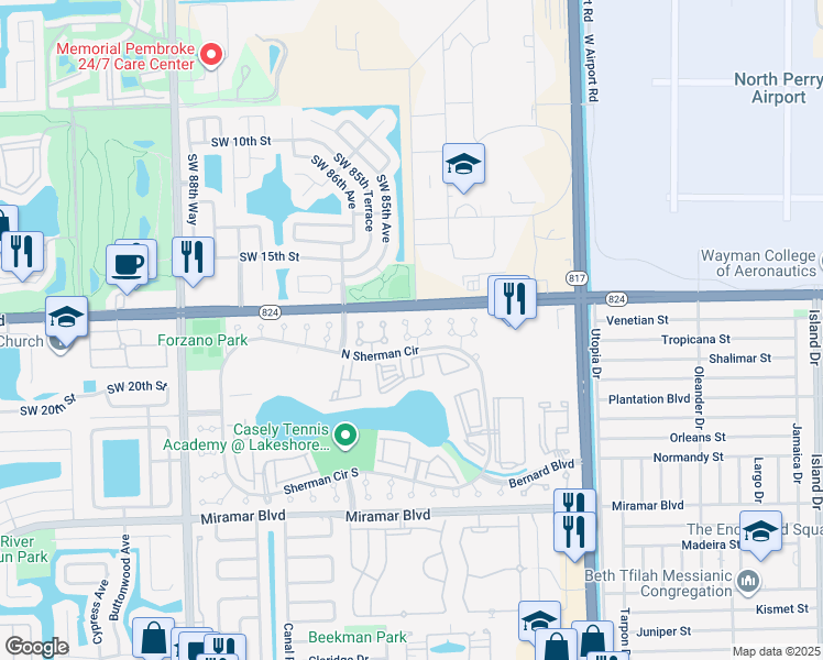 map of restaurants, bars, coffee shops, grocery stores, and more near 1754 Southwest 84th Avenue in Miramar