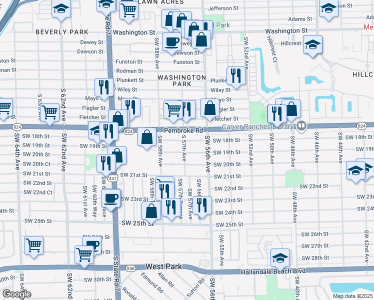 map of restaurants, bars, coffee shops, grocery stores, and more near 1851 Southwest 57th Avenue in West Park
