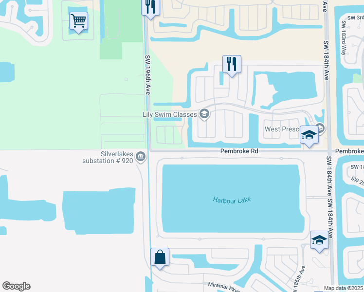 map of restaurants, bars, coffee shops, grocery stores, and more near 19350 Southwest 16th Street in Pembroke Pines