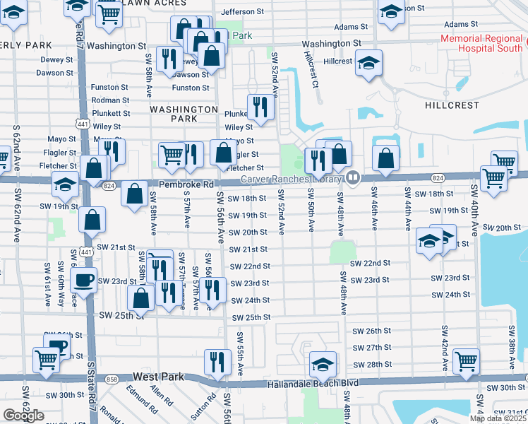 map of restaurants, bars, coffee shops, grocery stores, and more near 5301 Southwest 19th Street in West Park