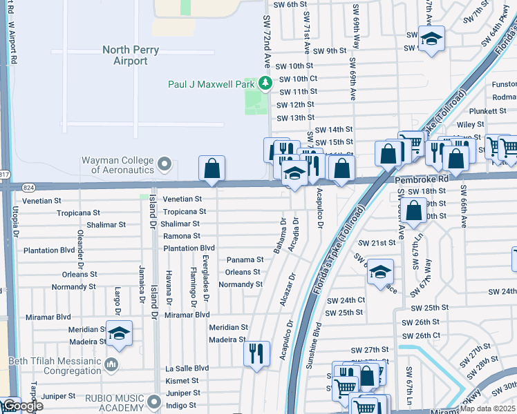 map of restaurants, bars, coffee shops, grocery stores, and more near 7241 Tropicana Street in Miramar