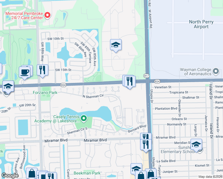 map of restaurants, bars, coffee shops, grocery stores, and more near 1750 Southwest 83rd Avenue in Miramar