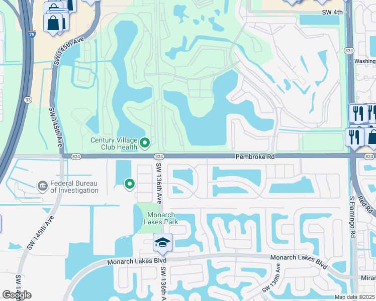 map of restaurants, bars, coffee shops, grocery stores, and more near 13355 Southwest 16th Court in Pembroke Pines