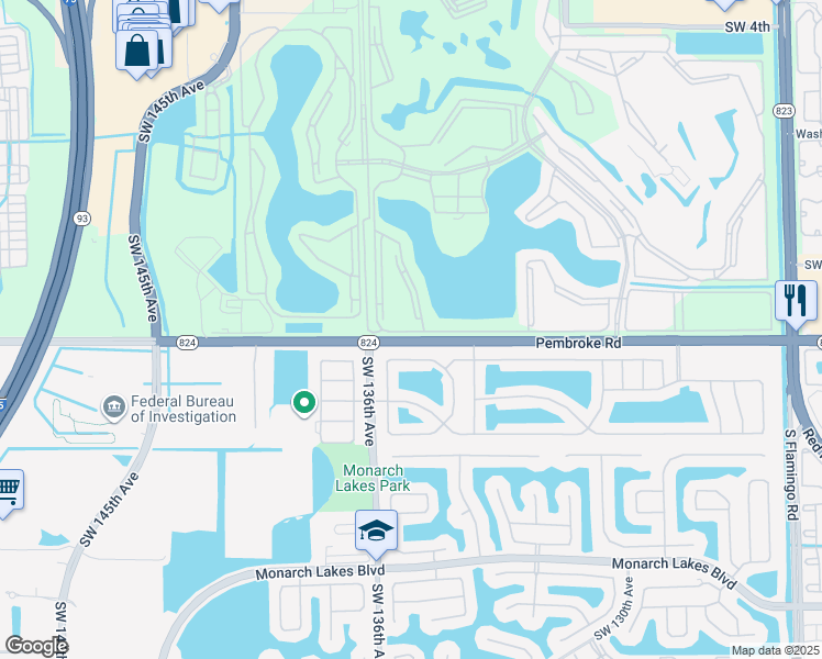 map of restaurants, bars, coffee shops, grocery stores, and more near 13455 Southwest 16th Court in Pembroke Pines