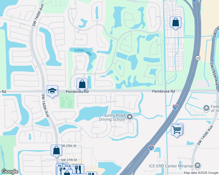 map of restaurants, bars, coffee shops, grocery stores, and more near 15608 Southwest 16th Court in Pembroke Pines