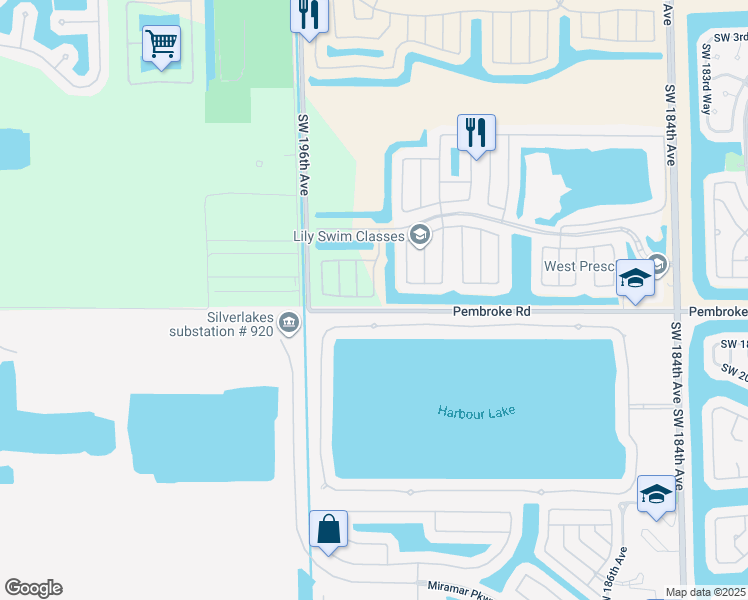map of restaurants, bars, coffee shops, grocery stores, and more near 19350 Southwest 16th Street in Pembroke Pines