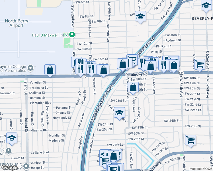 map of restaurants, bars, coffee shops, grocery stores, and more near 1921 Southwest 69th Avenue in Pembroke Pines