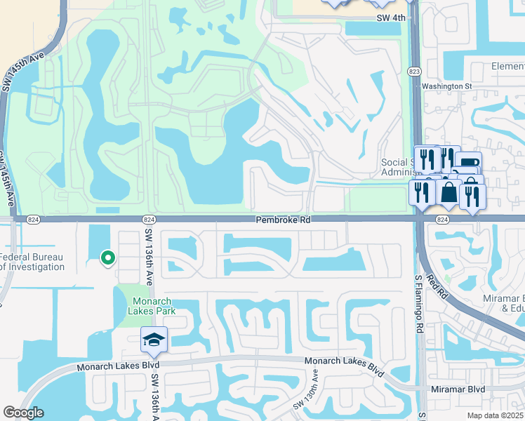 map of restaurants, bars, coffee shops, grocery stores, and more near 12955 Southwest 6th Court in Pembroke Pines