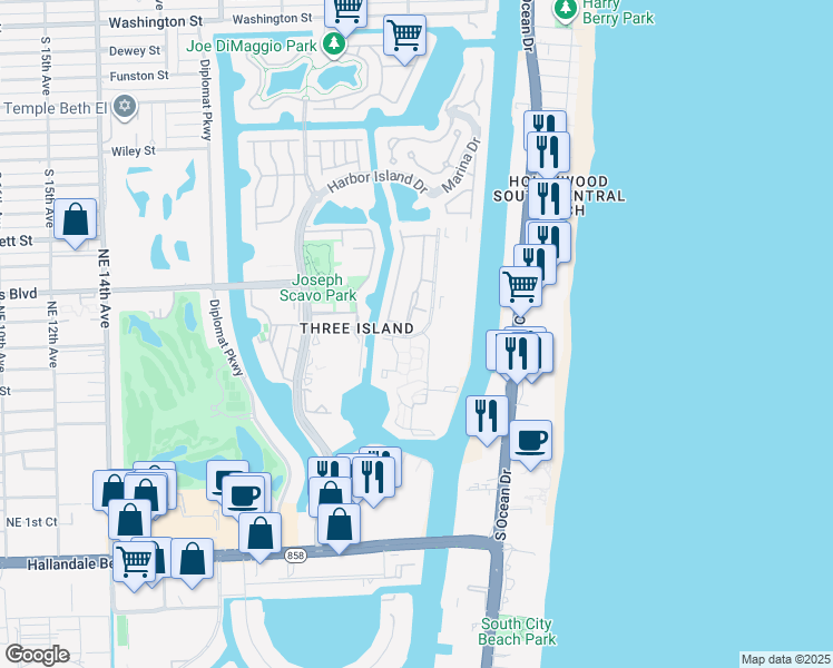 map of restaurants, bars, coffee shops, grocery stores, and more near 613 Leslie Drive in Hallandale Beach