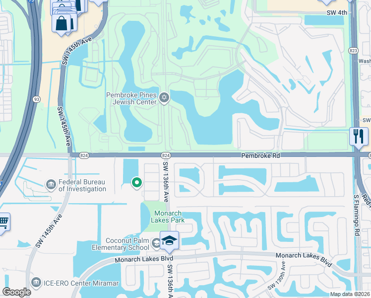 map of restaurants, bars, coffee shops, grocery stores, and more near 13455 Southwest 16th Court in Pembroke Pines