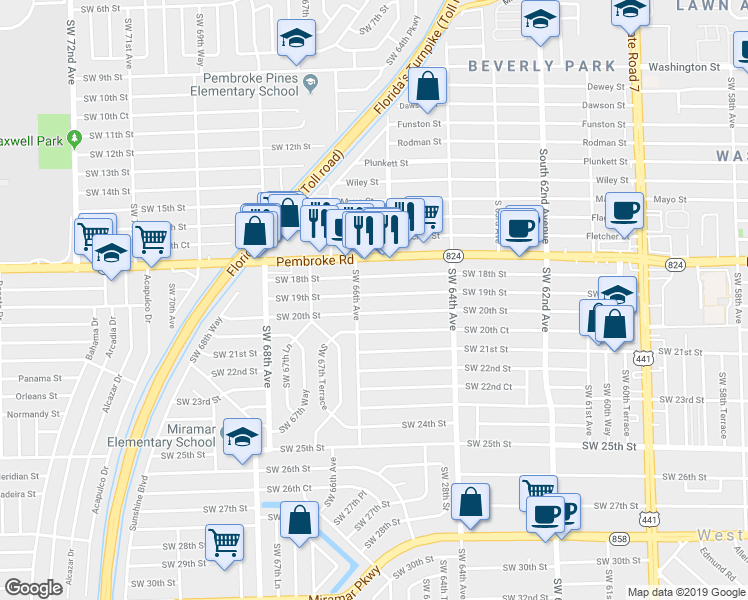 map of restaurants, bars, coffee shops, grocery stores, and more near 6530 Southwest 19th Street in Miramar