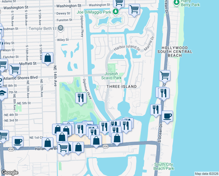 map of restaurants, bars, coffee shops, grocery stores, and more near 851 Three Islands Boulevard in Hallandale Beach