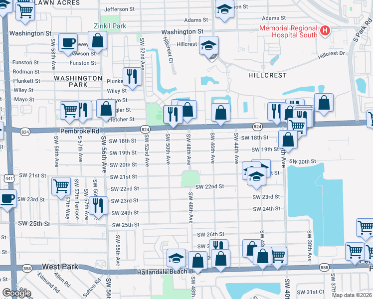 map of restaurants, bars, coffee shops, grocery stores, and more near 1850 Southwest 48th Avenue in West Park
