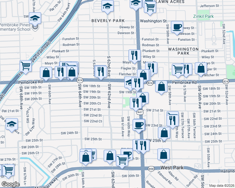 map of restaurants, bars, coffee shops, grocery stores, and more near 6101 Southwest 20th Street in Miramar