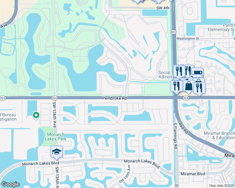 map of restaurants, bars, coffee shops, grocery stores, and more near 12900 Pembroke Road in Miramar