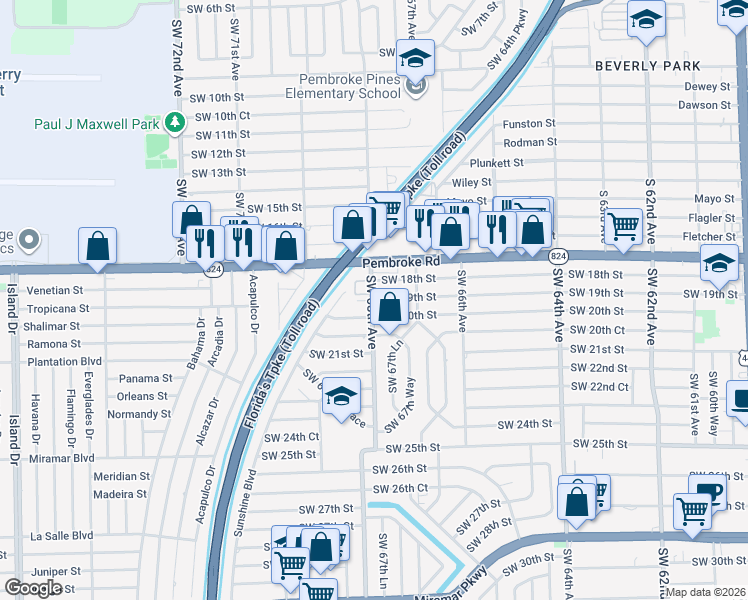 map of restaurants, bars, coffee shops, grocery stores, and more near 6780 Southwest 19th Street in Miramar
