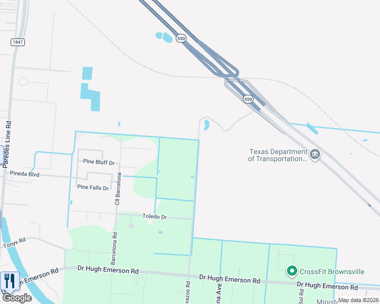 map of restaurants, bars, coffee shops, grocery stores, and more near 6247 Cavazos Road in Brownsville
