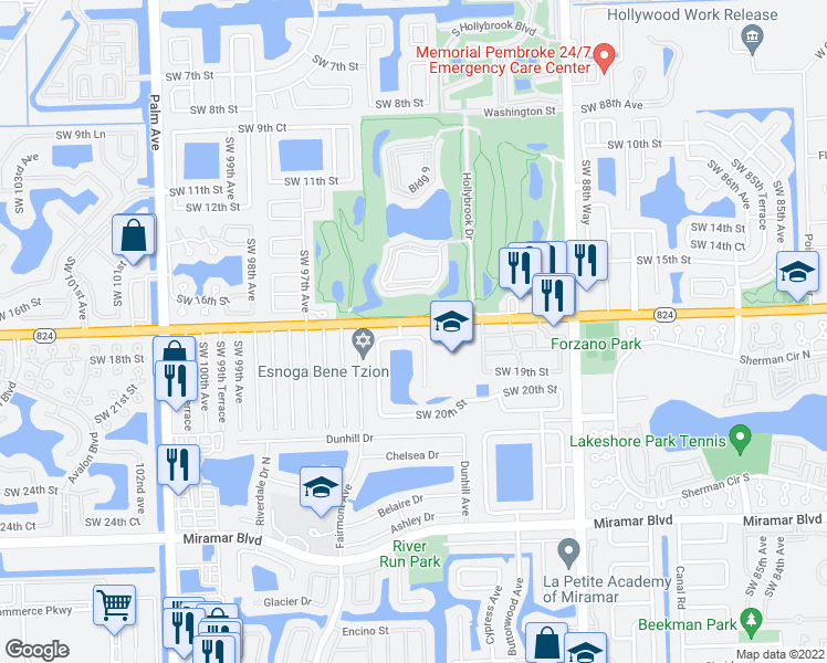 map of restaurants, bars, coffee shops, grocery stores, and more near 9419 Southwest 18th Street in Miramar