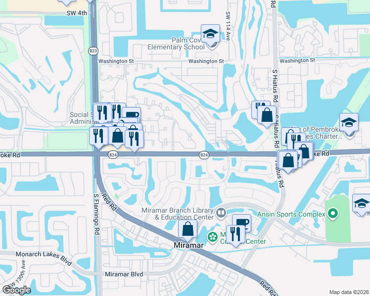 map of restaurants, bars, coffee shops, grocery stores, and more near 11500 Southwest 16th Street in Pembroke Pines