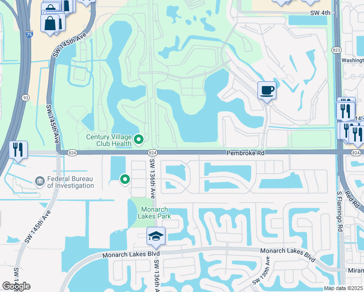 map of restaurants, bars, coffee shops, grocery stores, and more near 13355 Southwest 16th Court in Pembroke Pines