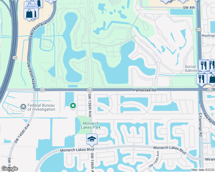 map of restaurants, bars, coffee shops, grocery stores, and more near 13355 Southwest 16th Court in Pembroke Pines