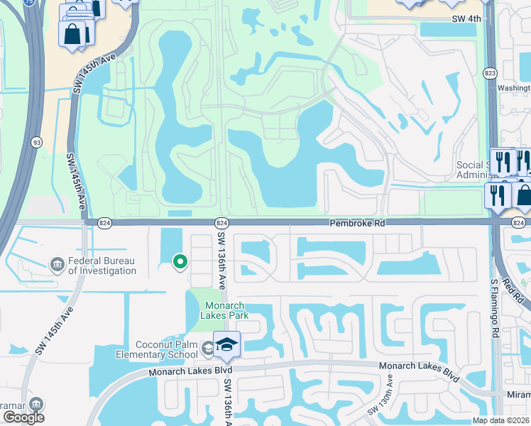 map of restaurants, bars, coffee shops, grocery stores, and more near 13455 Southwest 16th Court in Pembroke Pines