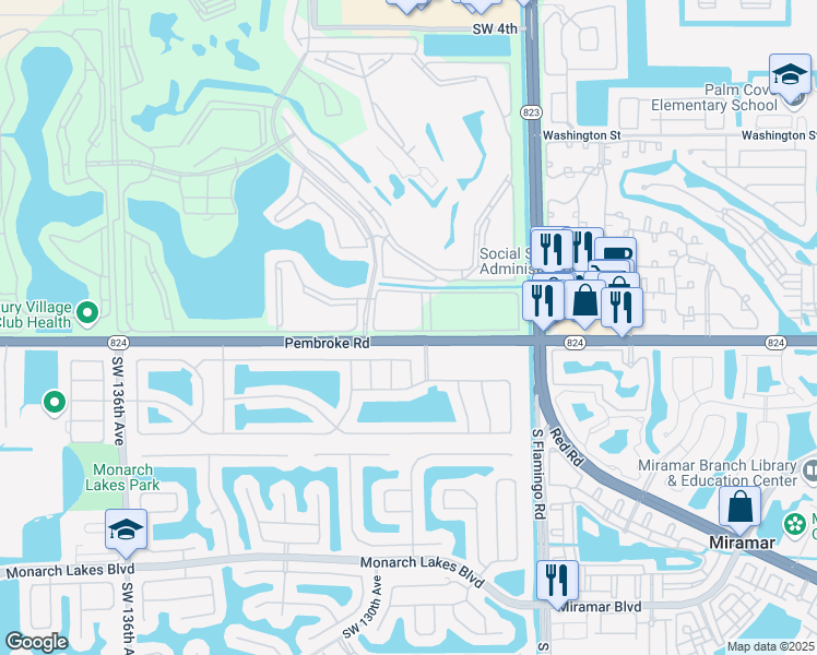 map of restaurants, bars, coffee shops, grocery stores, and more near 12696 Pembroke Road in Miramar