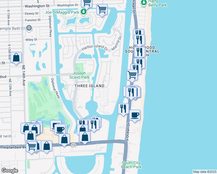 map of restaurants, bars, coffee shops, grocery stores, and more near 613 Leslie Drive in Hallandale Beach