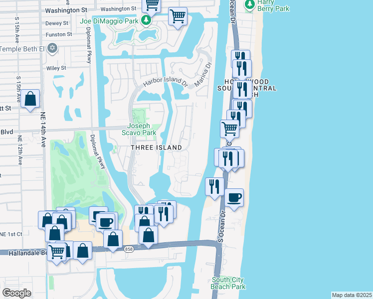 map of restaurants, bars, coffee shops, grocery stores, and more near 613 Leslie Drive in Hallandale Beach
