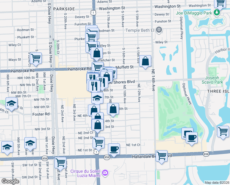 map of restaurants, bars, coffee shops, grocery stores, and more near 801 Northeast 7th Street in Hallandale Beach