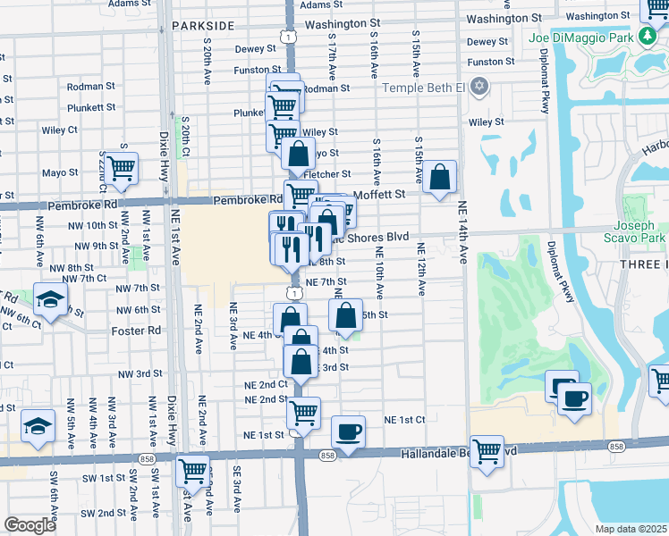 map of restaurants, bars, coffee shops, grocery stores, and more near 801 Northeast 7th Street in Hallandale Beach