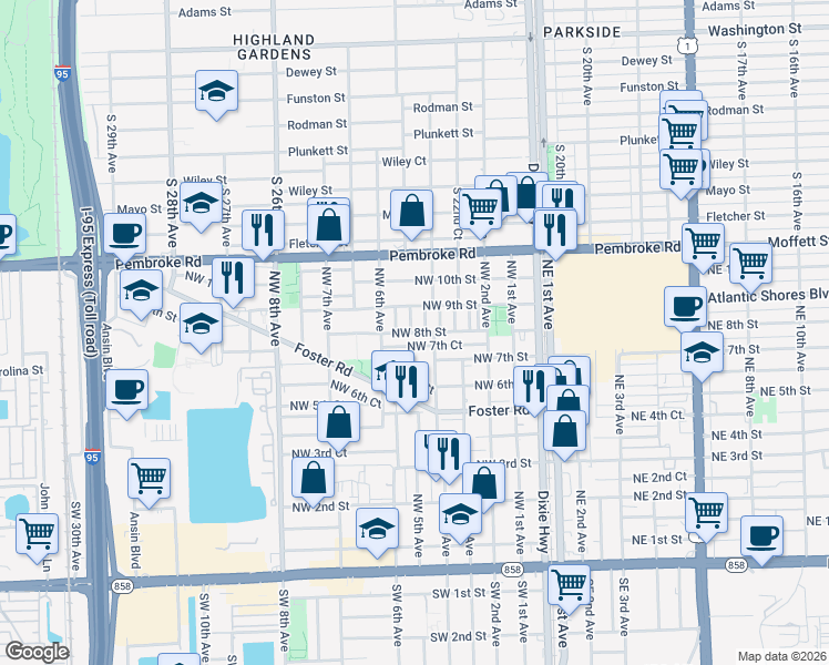 map of restaurants, bars, coffee shops, grocery stores, and more near 506 Northwest 8th Street in Hallandale Beach
