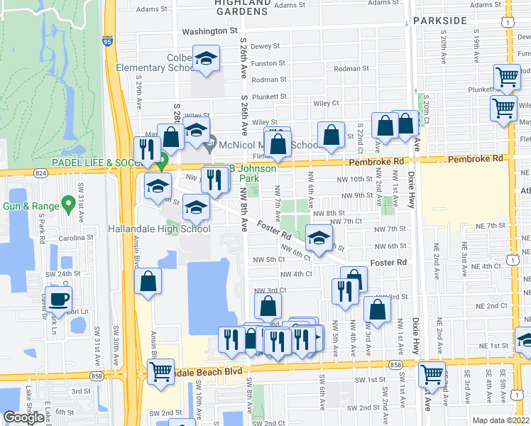 map of restaurants, bars, coffee shops, grocery stores, and more near 809 Northwest 7th Avenue in Hallandale Beach