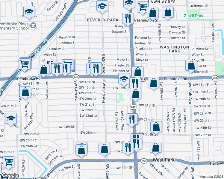 map of restaurants, bars, coffee shops, grocery stores, and more near 6101 Southwest 20th Street in Miramar