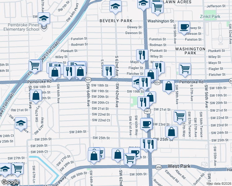 map of restaurants, bars, coffee shops, grocery stores, and more near 6137 Southwest 20th Street in Miramar