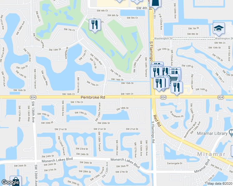 map of restaurants, bars, coffee shops, grocery stores, and more near 12696 Pembroke Road in Miramar