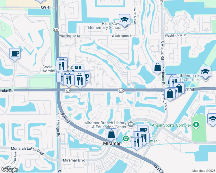 map of restaurants, bars, coffee shops, grocery stores, and more near 11758 Southwest 16th Street in Pembroke Pines
