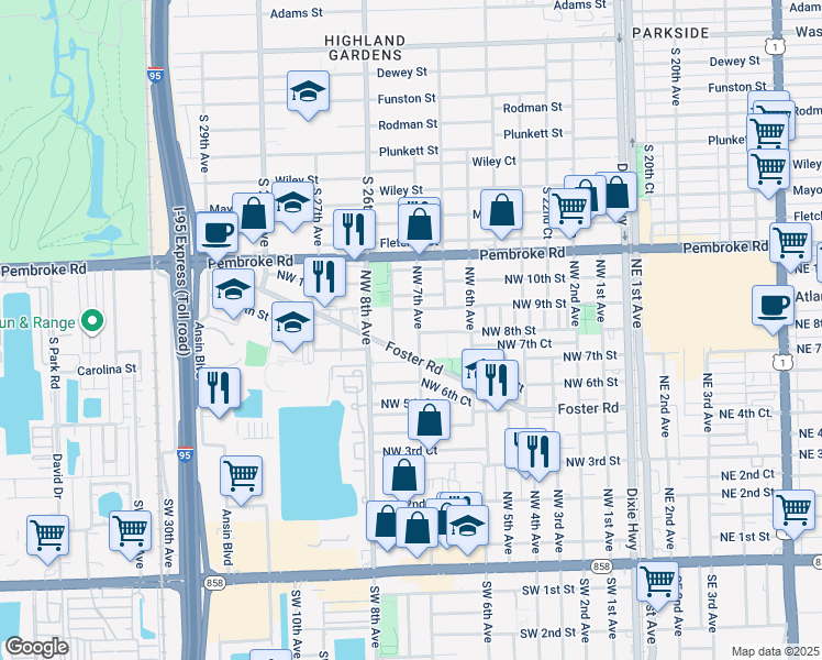 map of restaurants, bars, coffee shops, grocery stores, and more near 801 Northwest 7th Avenue in Hallandale Beach
