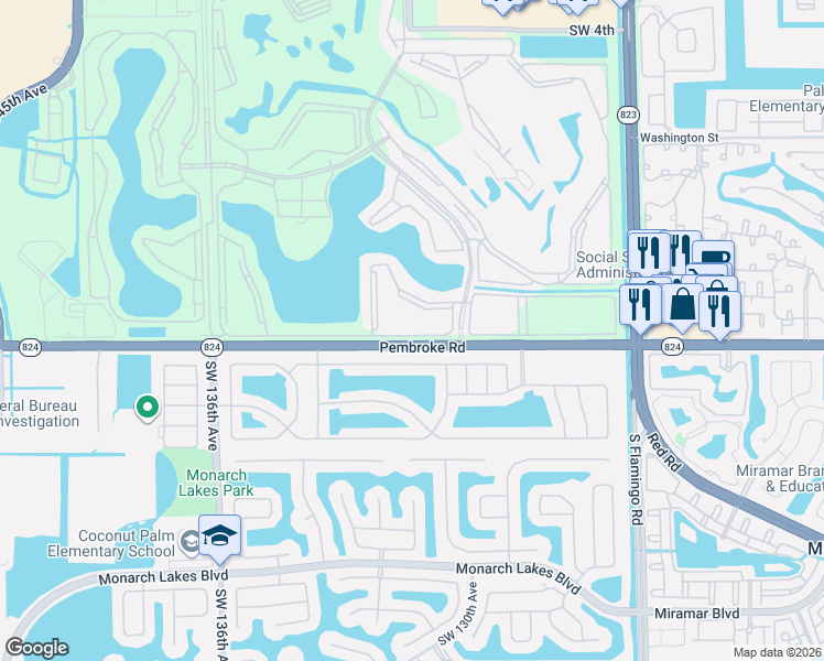 map of restaurants, bars, coffee shops, grocery stores, and more near 12955 Southwest 6th Court in Pembroke Pines