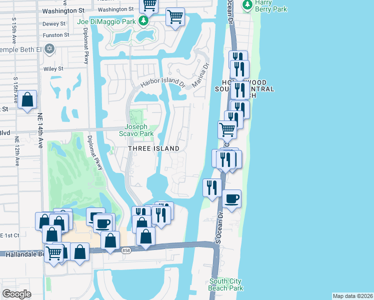 map of restaurants, bars, coffee shops, grocery stores, and more near 613 Leslie Drive in Hallandale Beach