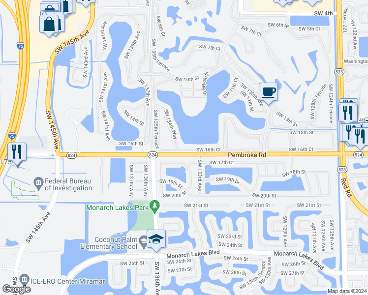 map of restaurants, bars, coffee shops, grocery stores, and more near 13355 Southwest 16th Court in Pembroke Pines