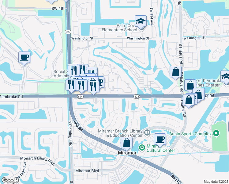 map of restaurants, bars, coffee shops, grocery stores, and more near 11830 Southwest 16th Street in Pembroke Pines